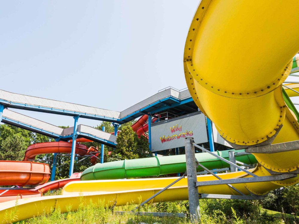 Closeup of multi-coloured water slides at Wild Waterworks in Hamilton